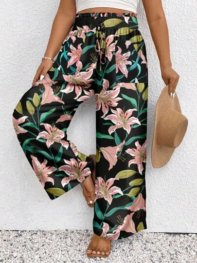 SHEIN Frenchy Plus Size Floral Print Casual Pants, Suitable For Summer,Summer Pants