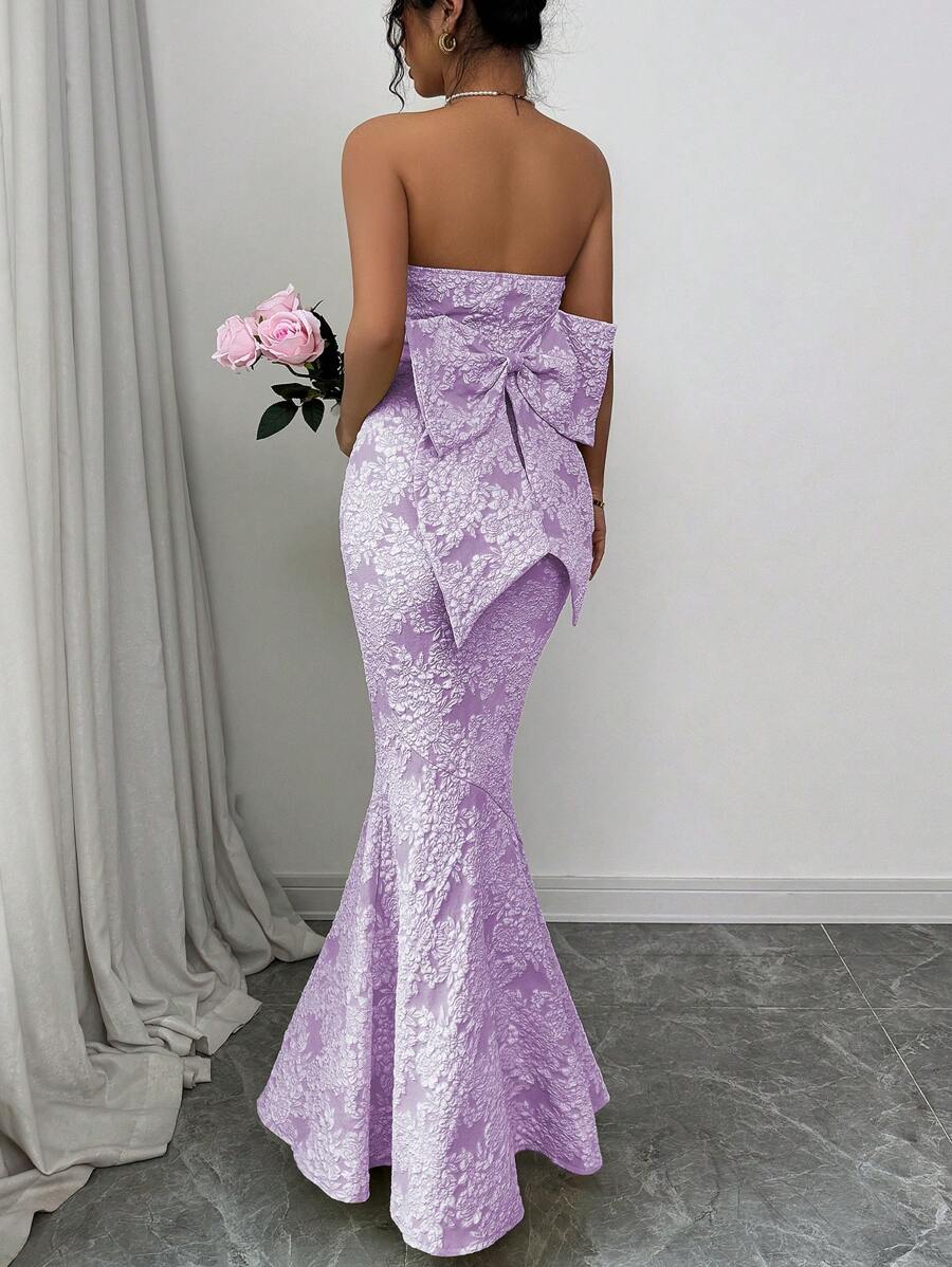 Elenzga Vestido escote en V profundo con patrón floral en relieve y lazo sobredimensionado en la espalda - Morado - Ver 1