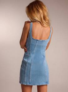 SHEIN Forever 21 Women's Casual Square Neck Cinched Waist Denim Dress, Summer Women Denim Dress Denim Mini Dress Curve Denim Dress - Baby Blue - View 2