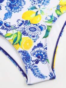 SHEIN Swim بدلة سباحة حريمي قطعة واحدة ، برقبة واحدة وأشرطة مكسرة ، ذات طبعات ملونة وسادة، بأناقة الصيف