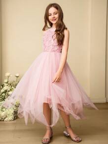 SHEIN 女童 3D 花卉公主薄纱连衣裙，儿童婚礼花童派对礼服舞会钢琴表演服装 - 粉色 - 查看 4