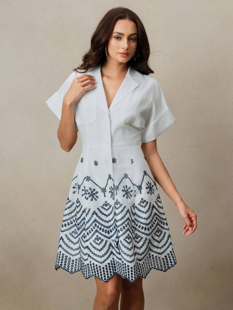 Vestido de Camisa com Colarinho Bordado, Recortes Vazados e Bloco de Cores Elegante para Férias Feminino, Conjuntos de Primavera/Verão