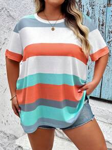 SHEIN CURVE+ 大码闪亮条纹印花女式T恤，图案丰富，适合夏季、情人节等场合，包含玫瑰、爱心、波点、爱心、嘴唇、丘比特、3D花朵等图案。大码T恤，夏季/乡村/海滩度假/海滩/沙滩装。 - 彩色 - 查看 3