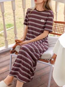 Dream Adore Casual Striped Print Beaded Decor Short Sleeve Loose Nightdress For Women