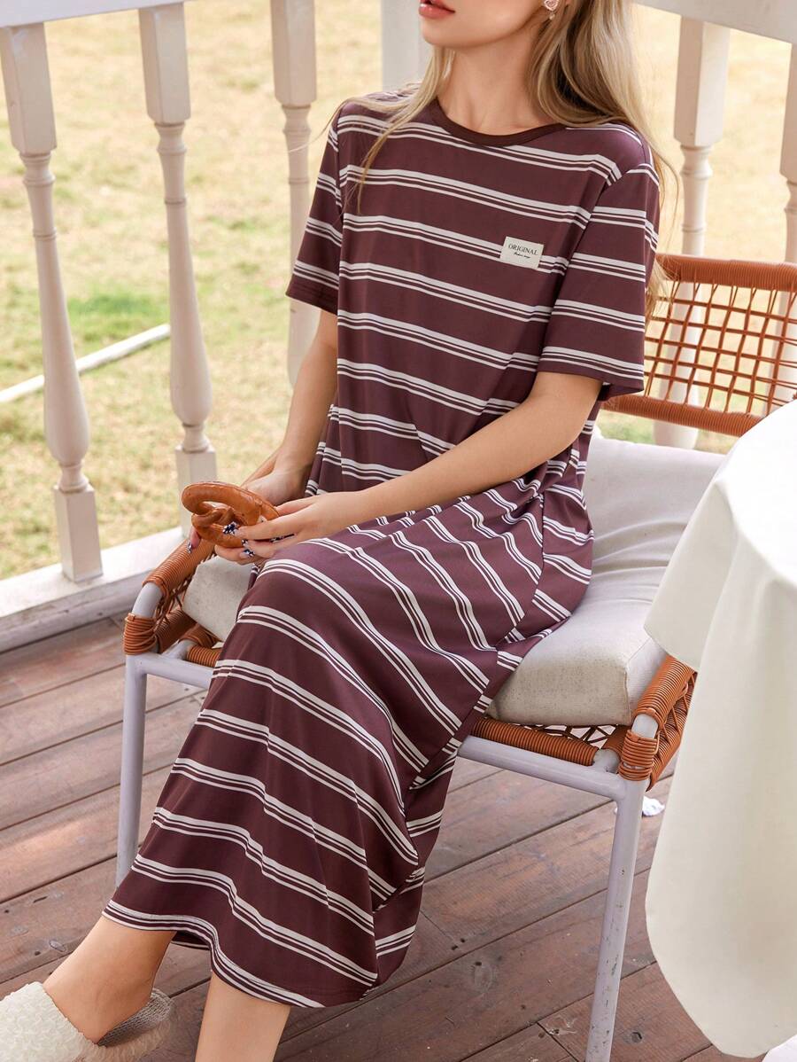 Dream Adore Casual Striped Print Beaded Decor Short Sleeve Loose Nightdress For Women