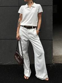 DAZY Suéter casual de ciudad para mujer con cuello y manga corta, para maestras - Blanco - Ver 5