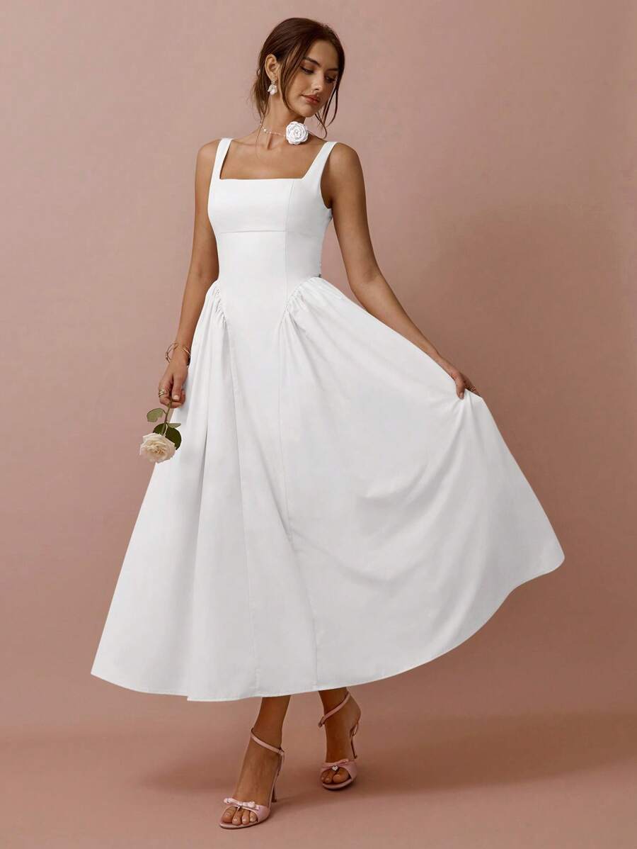 Enchnt 女士纯色无袖简约连衣裙 - 白色 - 查看 1