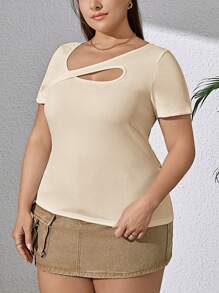 SHEIN Essnce 女式加大码镂空修身时尚百搭短袖修身T恤，春夏