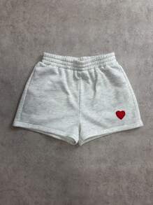 Attitoon Casual Minimalist Versatile Heart Embroidery Graphic Loose Short Hoodie Sweatshirt + Hoodie Set, Perfect For Spring Break, Girls Trip Back To School Fall And Winter Clothing