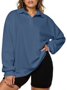 INAWLY Sudadera informal con cremallera, de manga larga y hombros caídos, de unicolor, para mujer de talla grande, para otoño/invierno, graduación, regreso a la escuela, maestras - Neblina azul - Ver 3