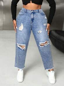 SHEIN SXY Pantalones vaqueros rotos de talla grande con ajuste entallado - Pantalones vaqueros negros de talla grande - Pantalones vaqueros negros - Pantalones para Halloween - Pantalones bajos para salir - Pantalones vaqueros para mujer - Pantalones de otoño - Pantalones de mezclilla - Ropa de mujer de otoño - Pantalones vaqueros de vaquera - Lavado ligero - Ver 4