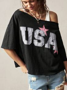 Bohemela 女式休闲字母贴花宽松大码T恤，夏季 - 黑色 - 查看 5