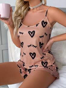 Heart & Eyelash Print Bow Front PJ Set / Pajama Set Bow Tie - Dusty Pink - View 5