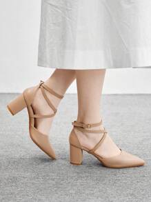 CUCCOO BIZCHIC Women's Fashion Apricot Color Ankle Strap Pointed Toe Chunky High Heel Pumps, Suitable For Commuting, Dates, Parties, Shopping, Holidays For Christmas - Apricot - View 4