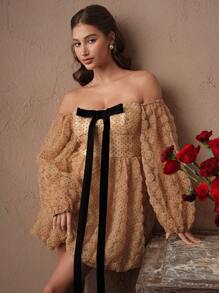 SHEIN Unity Đầm ôm body ngắn tay đèn lồng gợi cảm thanh lịch cho nữ, eo thắt nơ trang trí - màu nâu - Xem 6