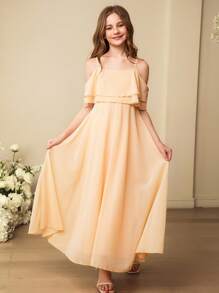 SHEIN Tween Girls' Elegant Summer Apricot Off Shoulder Chiffon Dress,Wedding Guest Formal High-Waist Long Soft Gown For Graduation,Wedding,Flower Girl Party - Apricot - View 5