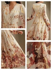 Anewsta Váy dài tay họa tiết lá kim thanh lịch dành cho nữ - Màu be - Xem 7