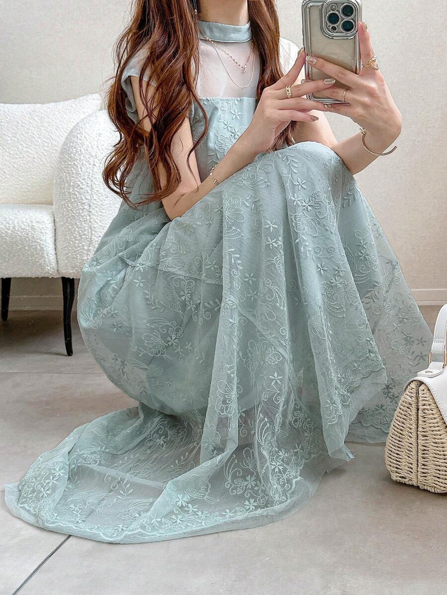 FRIFUL Đầm dài dáng chữ A cổ đứng phối ren lưới tương phản dành cho nữ, chân váy xòe rộng. - màu xanh lá - Xem 1