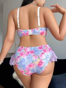 SHEIN 2件套大码印花蕾丝拼接无钢圈文胸套装 - 彩色 - 查看 2