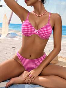 Swim Mod Summer Sweet Plaid Push Up Underwire Bikini Set - Red and White - View 4