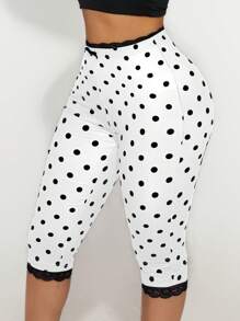 Sirith Women's Lace Trim Bow Polka Dot Print Capri Leggings - White - View 5