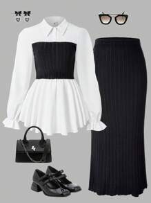 SHEIN 2pcs Teen Girl Shirt Collar Lantern Sleeve Knitted Top & Knitted A-Line Slit Hem Skirt Set