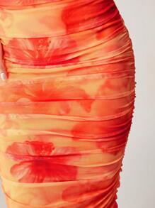 Silquee 橙色优雅花卉浪漫印花连衣裙，弹力网布修身连衣裙，适合浪漫约会、派对、情人节等节日 - 彩色 - 查看 5