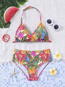 SHEIN Tween Girls Tropical Print Spaghetti Strap Bikini Set, Casual Vacation Style - Multicolor - View 1