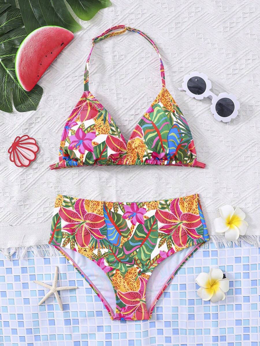 SHEIN Tween Girls Tropical Print Spaghetti Strap Bikini Set, Casual Vacation Style - Multicolor - View 1