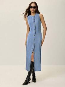 Poéselle Women Solid Color Round Neck Button Front Slit Sleeveless Denim Dress