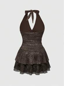 ROMWE J-Fashion Y2K 复古街头风性感紧身迷你连衣裙，搭配透明豹纹印花和圣母玛利亚图案 - 棕色 - 查看 4