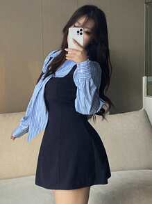 REIGN AVE Striped Splicing Lace-Up Long Sleeve Bodycon Short Dress, Minimalist Style For Spring/Summer - Navy Blue - View 3
