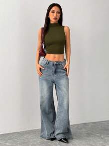 SHEIN PETITE Camiseta corta con cuello de tortuga - Verde militar - Ver 6