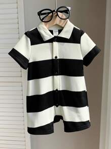 SHEIN Bộ áo liền quần tay ngắn cổ polo kẻ sọc thoải mái cho bé trai/bé gái, thích hợp mặc hàng ngày, đi học, chơi thể thao, dự tiệc, chụp ảnh, đi nghỉ mát, nghỉ lễ mùa xuân/hè. - Đen và trắng - Xem 9