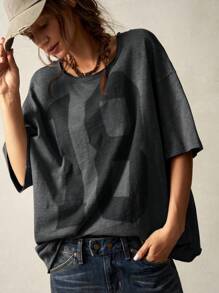 Bohemela Camiseta de manga corta holgada de cuello redondo de punto de unicolor informal lavada de talla grande - Negro - Ver 3