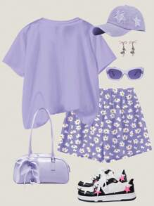 Emery Rose Kids Emery Rose Kids 2 件套青少年女孩休闲简约雏菊印花短袖圆领 T 恤和短裤，适合夏季度假 - 彩色 - 查看 2