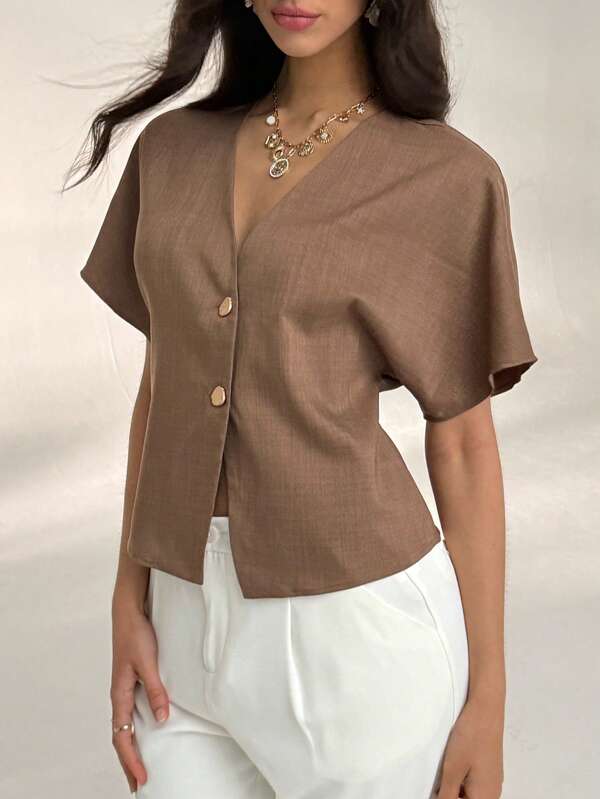 Aloruh New Fashionable Elegant Commuting Versatile Modern Metal Buckle Decor V-Neck Short Sleeve Fitted Jacket Top, Summer In Fall/Winter