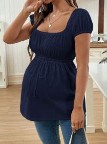 SHEIN Áo thun nữ mùa hè cổ vuông tay raglan trơn màu có họa tiết jacquard nhún bèo - Màu xanh hải quân - Xem 4
