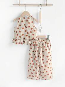 Loomiva Young Girls' Ditsy Floral Printed Ruffle Hem Top And Pants 2-Piece Set, Spring/Summer - Khaki - View 2