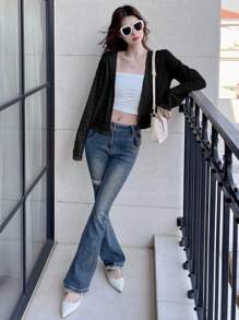 DAZY Chaqueta corta ligera de mujer de jacquard casual, adecuada para primavera y otoño