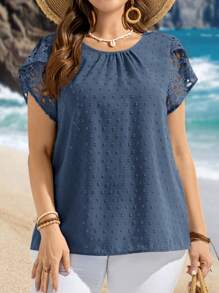 EMERY ROSE Plus Size Women Round Neck Short Sleeve Casual Blouse Summer Tropical Vacation Modest Top For Beach - Blue - View 3