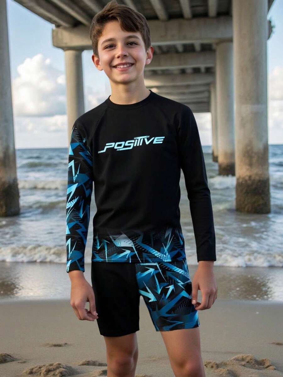 Tween Boy Lettering Printed Long Sleeve Surfing Swimsuit Set - Black - View 1