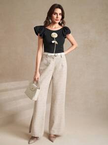 Amorya Quần ống rộng màu be pha trộn vải lanh cạp cao thoải mái xẻ tà bên hông cho nữ, quần vải lanh mặc đi làm/đi chơi mùa hè, quần vải lanh chuyên nghiệp cho phụ nữ, quần áo công sở thường ngày cho phụ nữ - Màu be - Xem 5