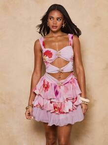 SHEIN BAE Women's Tie-Dye Print Hollow Star Decor Dress