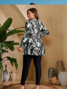 Swim Mulvari 2pcs Plus Size Women Floral & Colorful Leaf Random Print Long Sleeve Top & Long Pants Modest Swimsuit Set For Summer Beach Vacation - Black and White - View 2