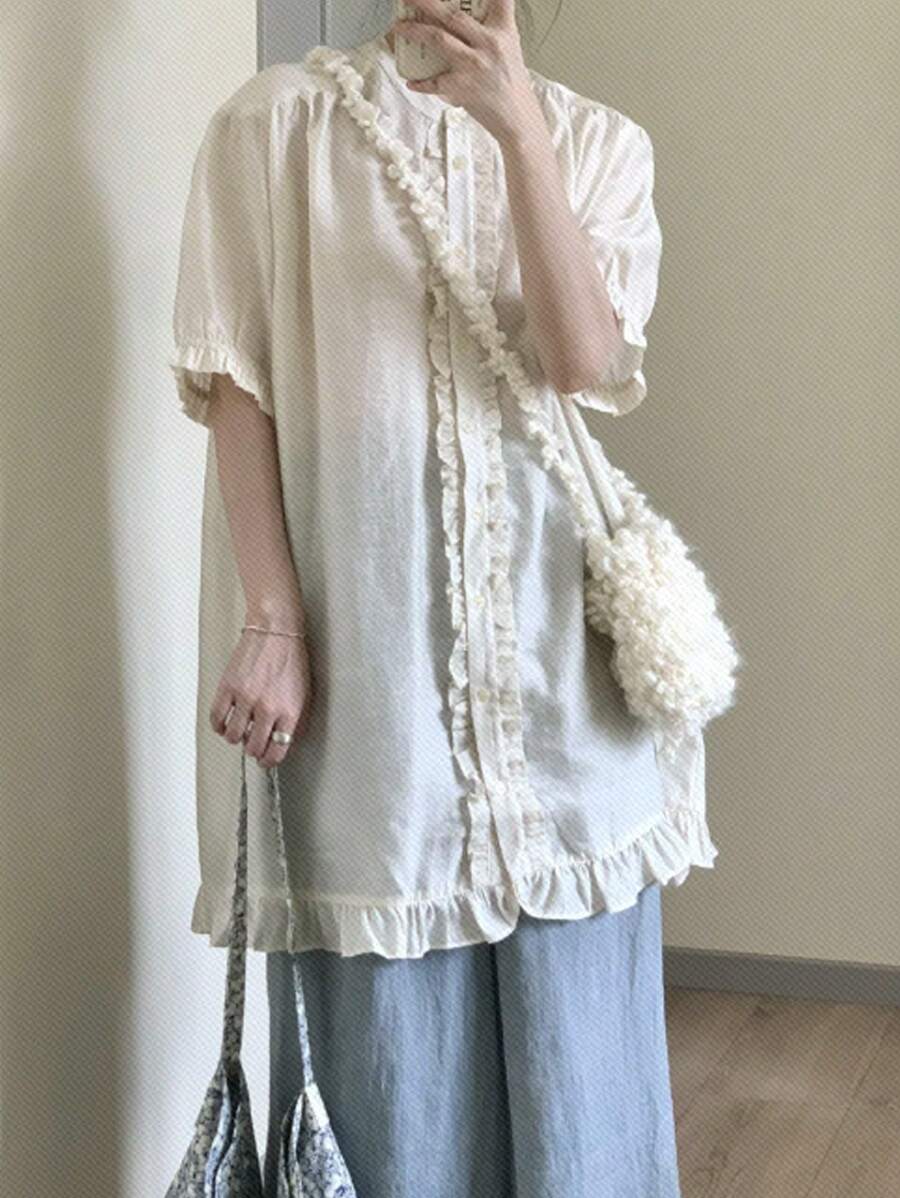 FRIFUL Women's Casual Loose Frill Trim Blouse, Summer