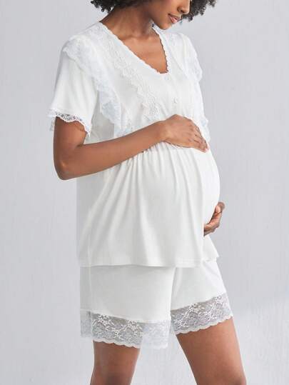 Moonlight&Mama Maternity Short Sleeve Nursing Pajama Set 2 Packs With Lace&Button,Lounge Set Fashion Sleepwear