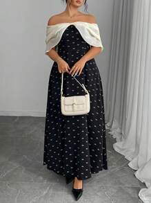 Modelyn Plus Size Black Print Contrast Apricot Butterfly Off Shoulder Cinched Waist A-Line Dress - Black - View 6