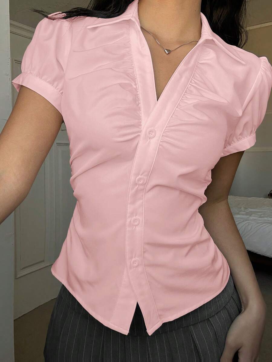 SHEIN EZwear Áo sơ mi nữ mùa hè dệt kim màu hồng ôm vừa vặn - Hồng - Xem 1