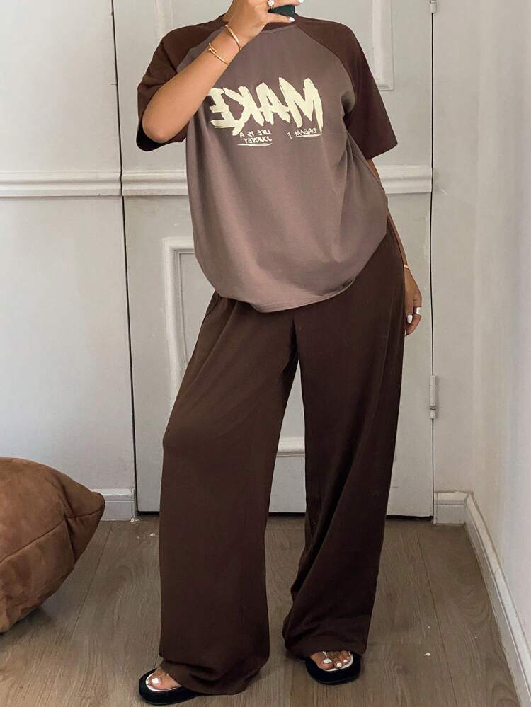 English Letter Print Loose Pajama Set With Short Sleeve Top And Long Pants, Summer Sleepwear For Women